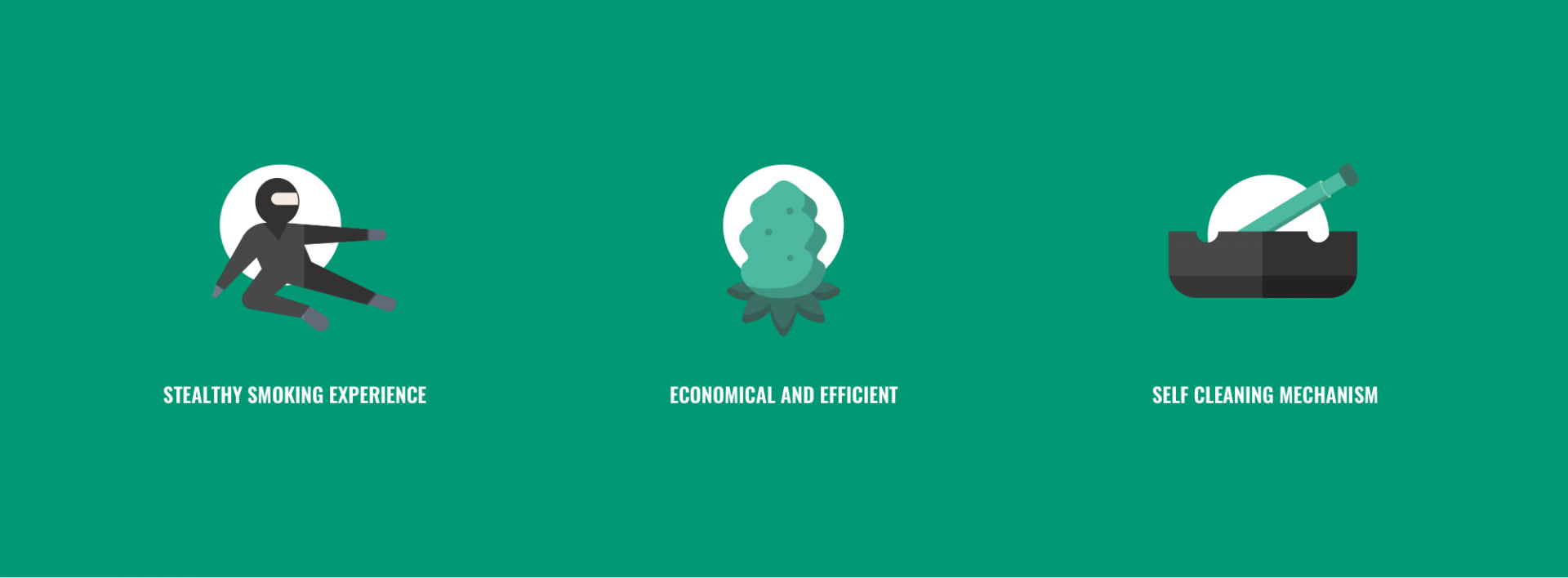 The Dart product feature icons — stealthy, economical, self-cleaning