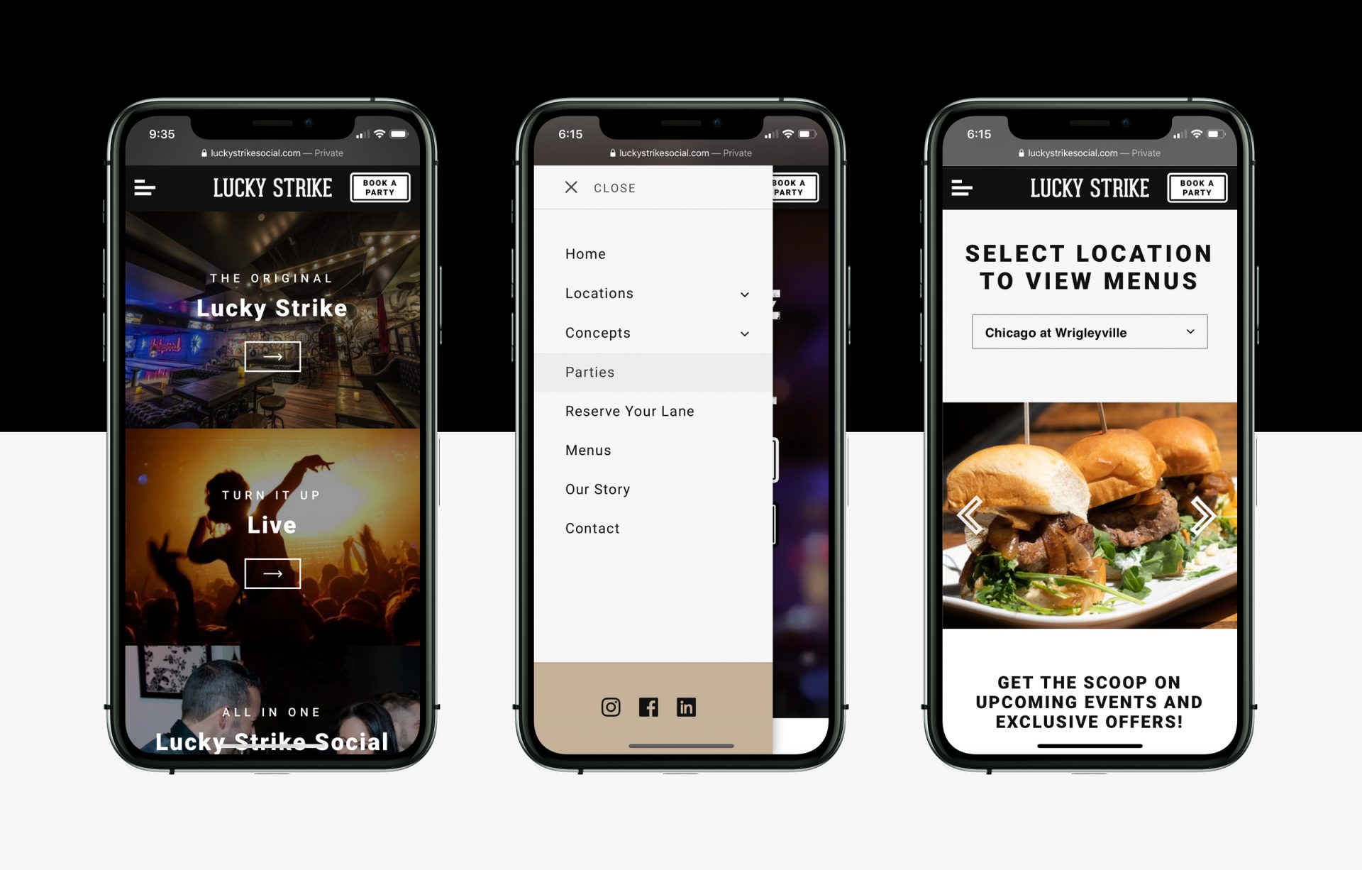 Lucky Strike mobile screens — homepage, navigation, and location-based menus