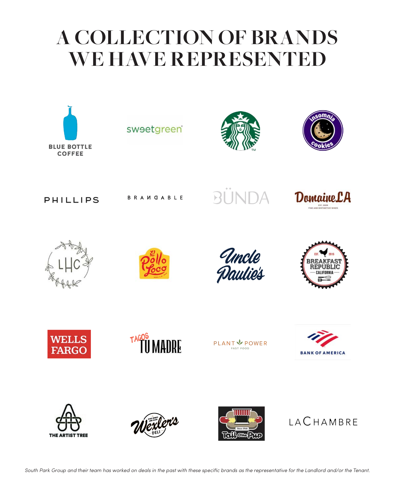 South Park Group tenant-representation deck — a collection of brands represented