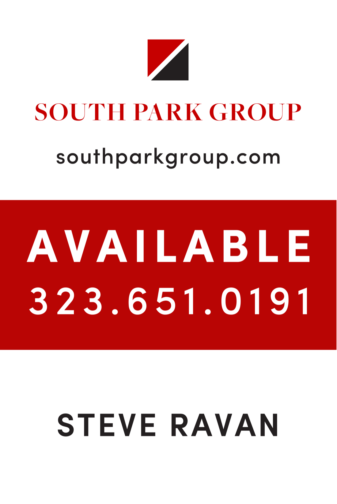South Park Group leasing sign — AVAILABLE, with phone and agent