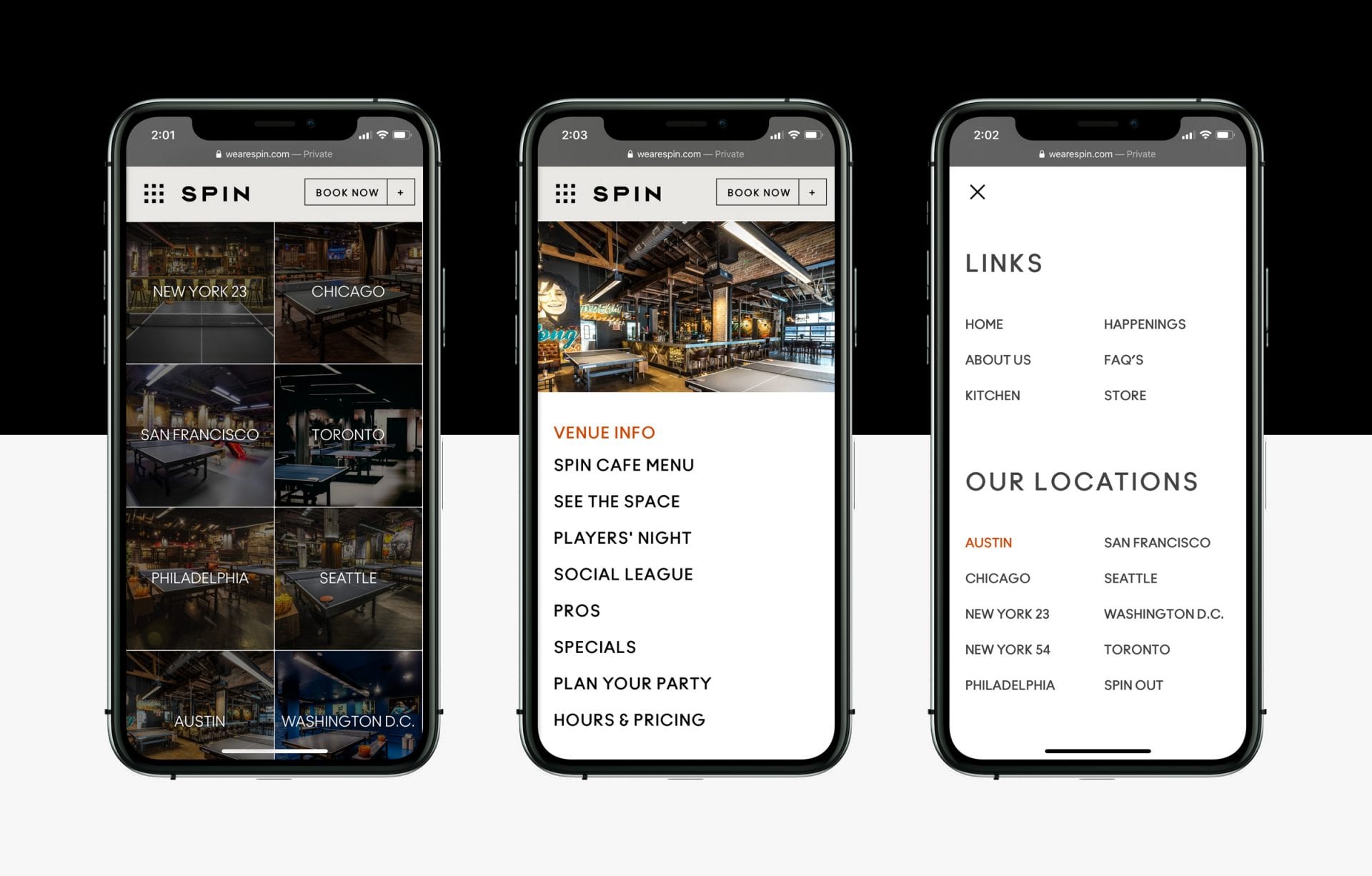 SPiN mobile screens — venue picker, navigation, links